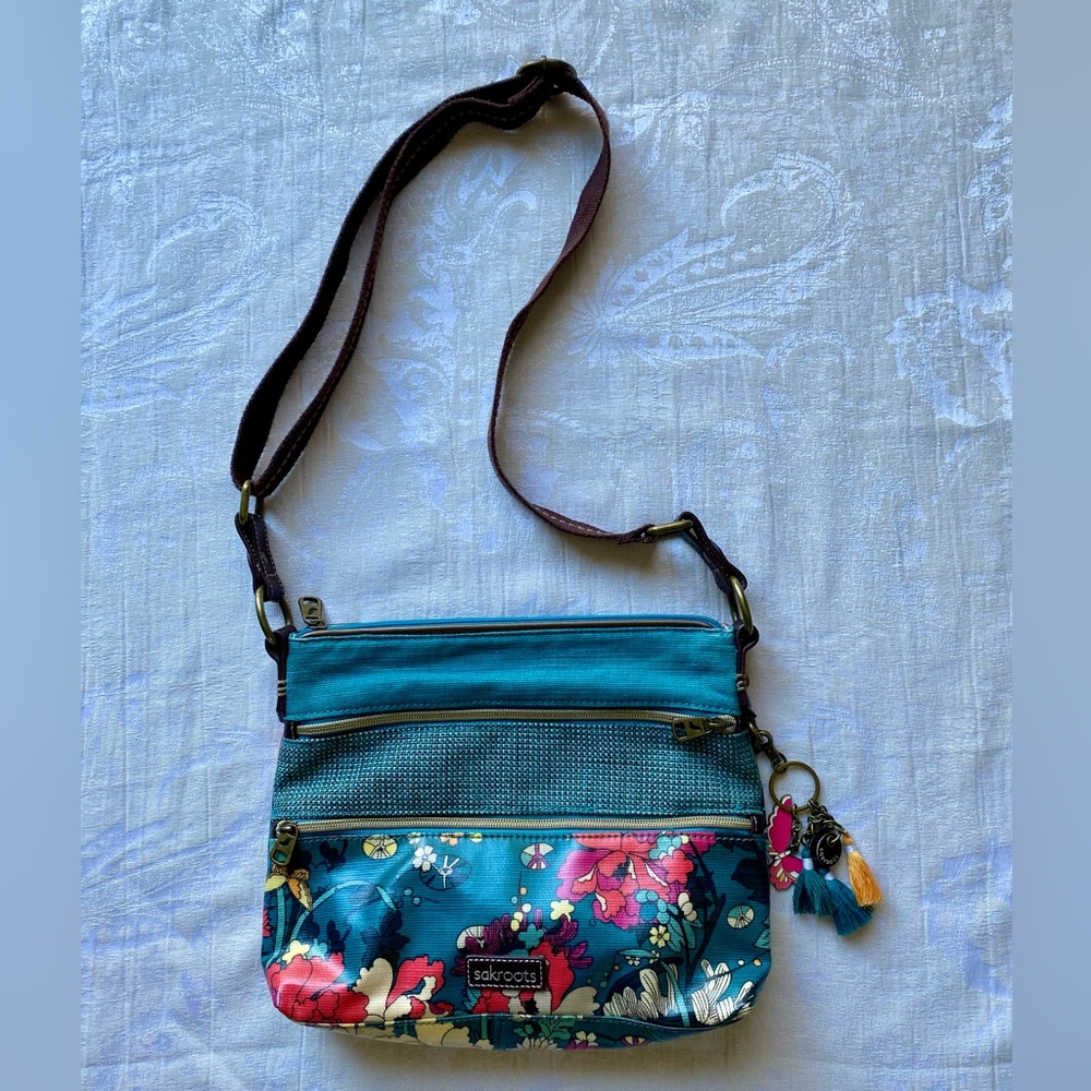 Sakroots Teal Floral Crossbody Bag with Multicolor Accents